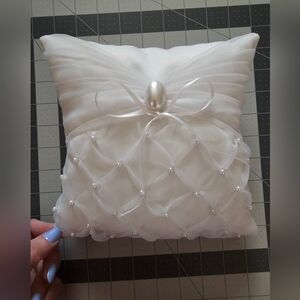 Elegant White Satin Ring Bearer Pillow with Pearl Accents